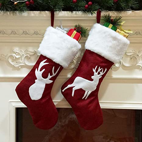 Asdomo Christmas Stockings, 2Pcs 20 inches Large Red Plush Fleece Stockings Luxury Black White Stripe Plaid Plush Stockings for Family Holiday Xmas Party Decorations (red, 2pcs)