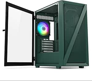 Vetroo M05 Micro ATX Computer PC Case with Door Open Tempered Glass Side Panel & Mesh Front Panel, Pre-Installed 120mm ARGB Fan in Rear, Support 240mm Radiator, Type-C Port - Army Green