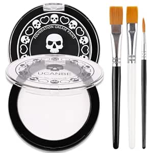 UCANBE Black White Face Body Paint with Painting Brush Kit, Cream-to-Powder Goth White Foundation   Black Greasepaint for Kids & Adult Halloween, SFX Makeup Set for Clown Skull Mime Cosplay & Costume