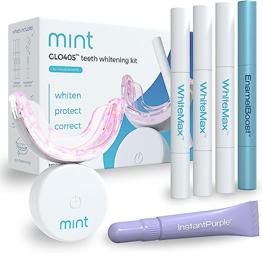 Mint GLO405 Teeth Whitening Kit with Wireless Red and Violet LED Light -  Safe for Sensitive Teeth - Includes WhiteMax, EnamelBoost, and InstantPurple