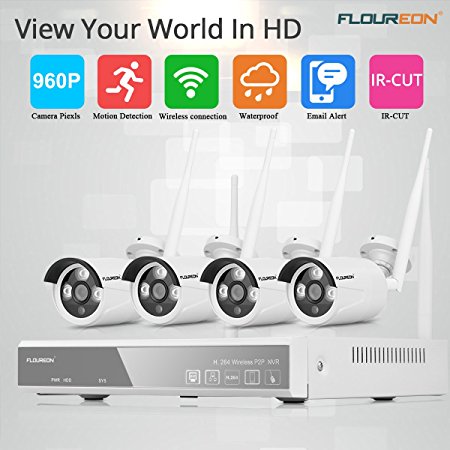 Floureon 4CH 1080P AHD NVR Wireless CCTV DVR Camera Security System 4 1.3MP 960P Outdoor Waterproof IP Camera WIFI WLAN Camera Security Video Recorder NVR Kit (4CH 1080P   960P Wireless Outdoor, white)