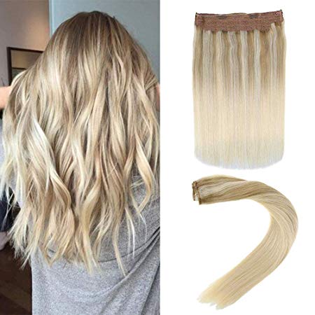 LaaVoo 20" Double Weft Flip on Invisible Remy Hair Extension Blonde Highlight #18 Ash Blonde Fading to Light Blonde and Platinum Blonde Halo Hair Extensions 100g
