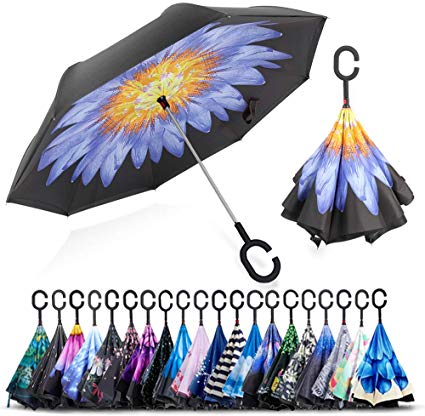 ZOMAKE Double Layer Inverted Umbrella, Windproof Reverse Folding Umbrella with C Shape Handle, Self Standing, Inside Out, Hand Free with Carrying Bag (Blue Chrysanthemum)