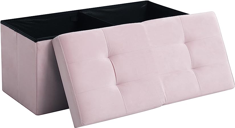 CUYOCA Storage Ottoman Bench Foldable Seat Footrest Shoe Bench End of Bed Storage with Flipping Lid, 75L Storage Space, 30 inches Velvet Pink