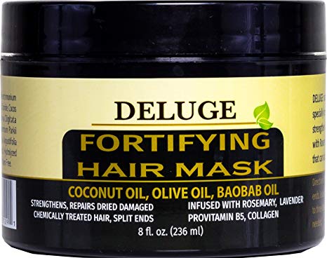 DELUGE - Fortifying Hair Mask with Baobab Oil, Coconut Oil and Olive Oil, Restores, Repairs and Nourishes Dry Damaged Hair- Collagen   ProVitamin B5 -Net Wt. 8 oz
