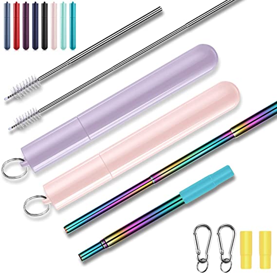 Rubinom Metal Straws 2 Pack Reusable Collapsible Straw Portable Stainless Steel Straws with Case Cleaning Brushes Silicon Tip Keychain for Travel Working (Lavender/Pink)