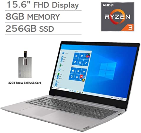 2020 Lenovo IdeaPad 15.6" FHD Laptop Computer, AMD Ryzen 3-3200U Processor, 8GB RAM, 256GB PCIe SSD, Dolby Audio, AMD Radeon Vega 3 Graphics, Webcam, HDMI, Win 10 S, Gray, 32GB Snow Bell USB Card