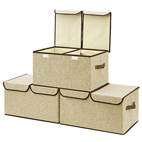 Large Storage Boxes [3-Pack] EZOWare Large Linen Fabric Foldable Storage Cubes Bin Box Containers with Lid and Handles - Beige For Home, Office, Nursery, Closet, Bedroom, Living Room