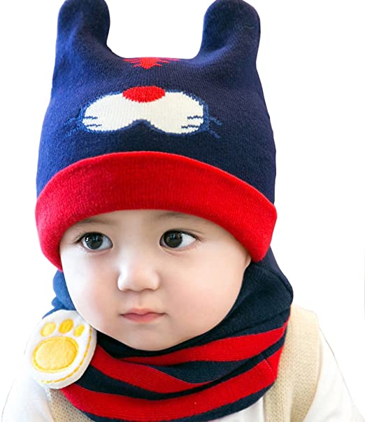 Urberry Knit Beanie Cap for Baby, Autumn Warm Kids Girl Boy Ear Hat Scarf for Babies 0-12Month