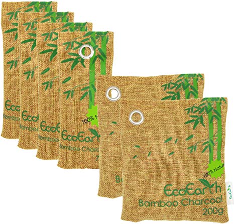 EcoEarth Bamboo Charcoal Air Purifying Bag (6 Pack: 2x200g, 4x75g), Nature Fresh Air Purifier Bags, Activated Charcoal Odor Absorber for Home, Car, Shoes, Closet, Kitchen