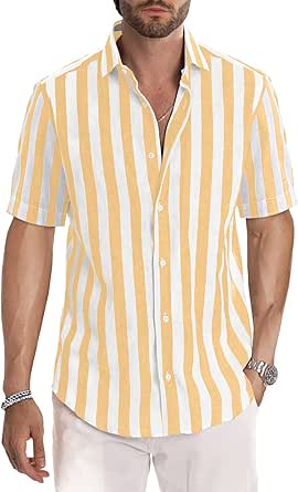 JMIERR Men's Casual Stylish Short Sleeve Button-Up Striped Dress Shirts Cotton Beach Shirt