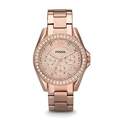 FOSSIL Riley Multifunction Rose-Tone Stainless Steel Watch – Analogue Quartz Women's Wrist Watch in Rose Gold with Zirconia Crystals and Date Function in Gift Box - Water Resistant