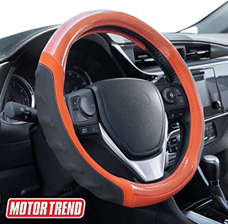 Motor Trend SW-812 Orange Ultra Sport Pebbled Leather Steering Wheel Cover with Carbon Fiber Detail-Universal Fit for Standard Sizes 14.5 to 15.5 inches Black