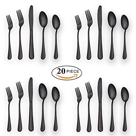 HOMQUEN 20-Piece Silverware Set Service for 4, Stainless Steel Knives Forks Spoons Cutlery Set, Black Titanium Tableware Set Dishwasher Safe(Black)