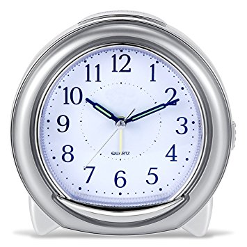 Super Silent Desk Alarm Clock, BonyTek Quartz Alarm Clock with Loud Mechanical Bell Birdsong Melody Alarm, Nightlight, Snooze, Silent Sweep Seconds, Luminous Hands, Battery Powered (Silver)