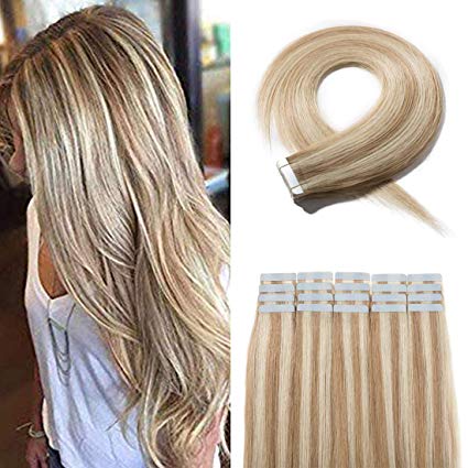 SEGO 20 Pieces Balayage Tape in Hair Extensions Human Hair Seamless Skin Weft Invisible Tape Hair Extensions Highlight Two Tone Straight Double Sided 20 inches #18P613 Ash Blonde&Bleach Blonde 30g
