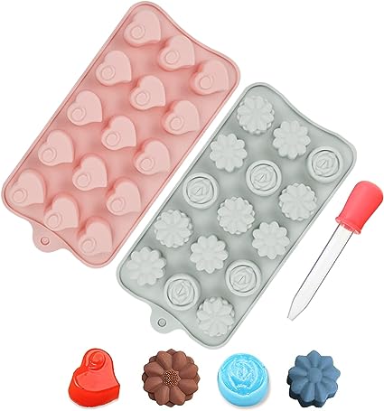 JUSONEY Silicone Moulds for Wax Melts - 2 PCS Cute Flower and Heart Silicone Molds with Dropper - Non-Stick Food Grade Silicone Mould for Chocolate Cookie, Candy, Cake, Ice Cube, Jelly