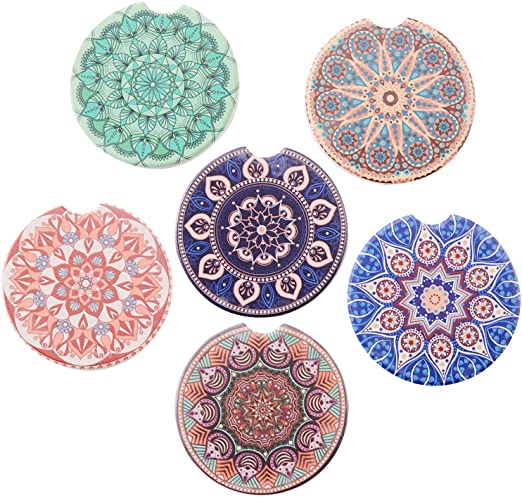 Car Absorbent Ceramic Coasters Pack of 6, Mandala Stoneware Auto Cup Holder Coasters for Drink,Car Accessories to Keep Your Car Cup Holders Clean and Dry,2.56" Diameter (Style2)
