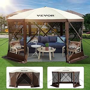 VEVOR Pop Up Gazebo Tent, Pop-Up Screen Tent 10x10ft 6 Sided Canopy Sun Shelter with 6 Removable Privacy Wind Cloths & Mesh Windows, Carry Bag, Ground Stakes, Pavilion Tent for Patio, Lawn & Backyard