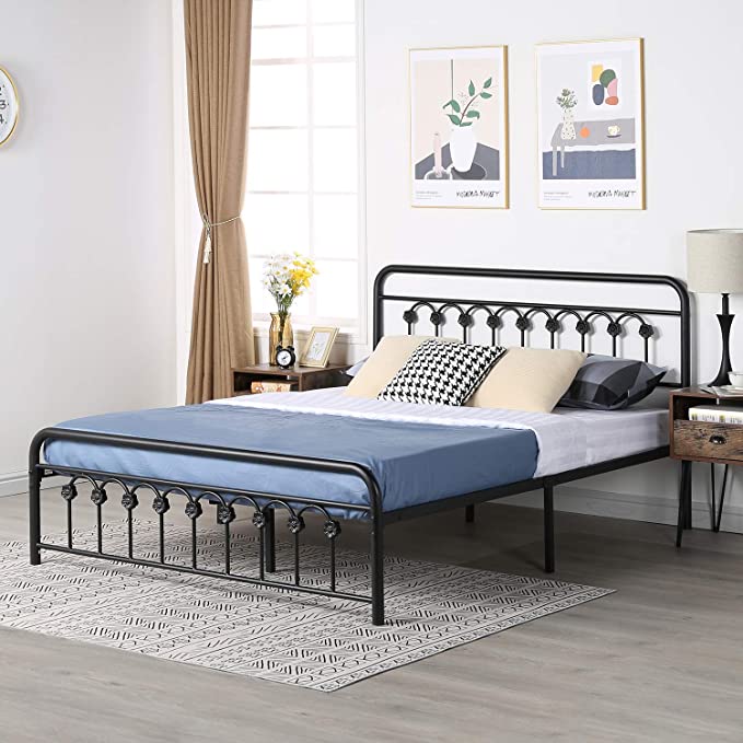 VECELO Vintage King Size Bed Frame Platform with Headboard and Footboard/No Box Spring Needed,Premium Steel Solid Sturdy Metal Slat Support,Black