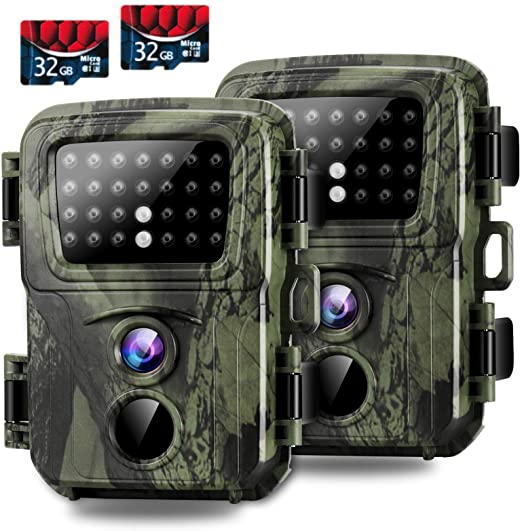 Mini Trail Camera,【2 Pack】 20MP 1080P with 32GB Card Game Cameras with Night Vision Motion Activated Waterproof Hunting Camera 80FT Detection Distance for Wildlife Monitoring