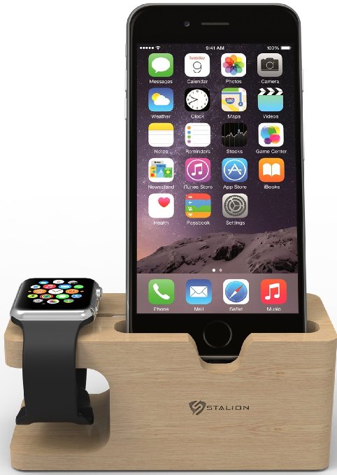 Apple Watch Stand Stalion Desktop Charging Dock Station Universal Cradle Dock Holder for Apple Watch and iPhone 6 6s Plus 2 in 1Bamboo Wood