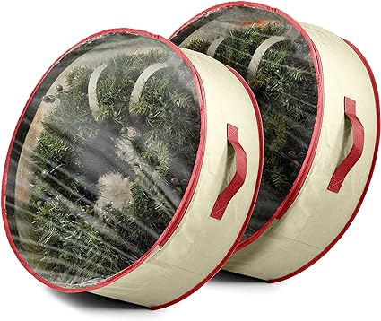 ZOBER Christmas Wreath Storage Container - 30 Inch Wreath Storage Bag - Dual Zippered Wreath Bag - Durable Stitch Reinforced Handles - Non-Woven Wreath Christmas Storage - 2 Pack