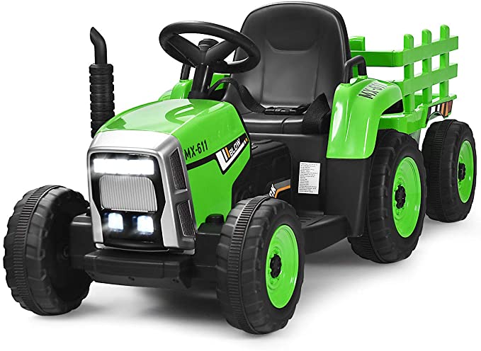 COSTWAY Ride on Tractor and Trailer, 12V Battery Powered Electric Kids Toy Car with LED Lights, USB & Bluetooth Music, Four Wheels Ride on Toys for Children Ages 3  (Green)