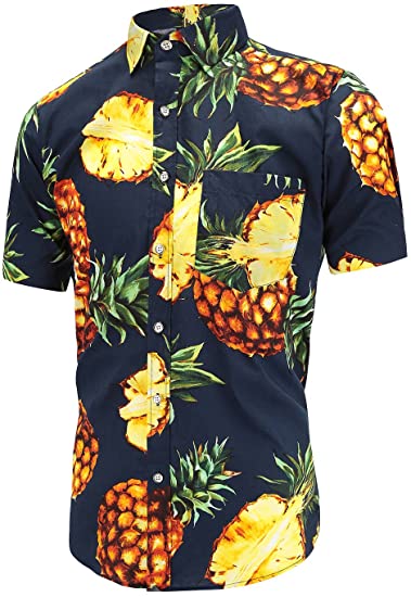 Dioufond Men's Pineapple Flower Casual Button Down Short Sleeve Aloha Hawaiian Shirts