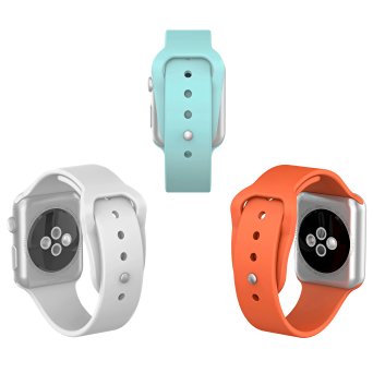 Apple Watch Sport Band 38mm, iOrange-E 3 Pack of Soft Silicone iWatch Band 38mm Replacement Watch Band with 3 Pieces Include 2 Lengths for Each Color, Turquoise, OrangeRed, White