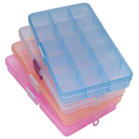 Z ZICOME 15 Grid Clear Plastic Adjustable Storage Box Jewelry Organizer Case with Removable Dividers, 4 Pack