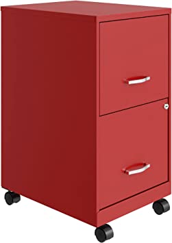 Space Solutions 18 Inch Wide Metal Mobile Organizer File Cabinet for Office Supplies and Hanging File Folders with 2 File Drawers, Red