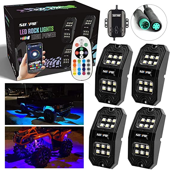 SUNPIE Upgraded 210 Degrees Wide Angle RGBW LED Rock Lights 4 Pod Lights with Phone App/Remote Control & Timing & Music Mode & Flashing & Automatic Control Neon Lights Under Off Road Truck SUV ATV