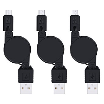 Retractable Micro Cable, Sicodo 3-Pack High Speed 3FT USB 2.0 A Male to Micro B Data Sync & Charger Cable for Android, Samsung Galaxy S7 Edge, S6 Edge, HTC, LG, Sony, PS4, Nokia and More