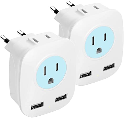 European Travel Plug Adapter International USB Charger with 2 USB Ports,2 AC Outlet for USA to Most of Europe Coutries France Spain Italy Turkey Iceland (Type C) 2-Pack
