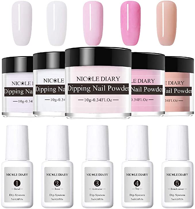NICOLE DIARY Dip Nail Powder Nail Starter Kit Acrylic Dip Nail Powder System for French Nail Manicure Set Essential kit (with Base, Activator, Top, Bond, Brush Saver)