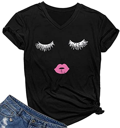 SELECTEES Women Casual V-neck Graphic Cute Funny T-shirts