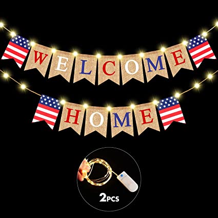 Welcome Home Banner with LED Fairy String Light 2 Flicker Mode, Patriotic Banner Bunting Welcome Home Banner for Housewarming Patriotic Military Decoration Family Party Supplies, Photo Booth Props