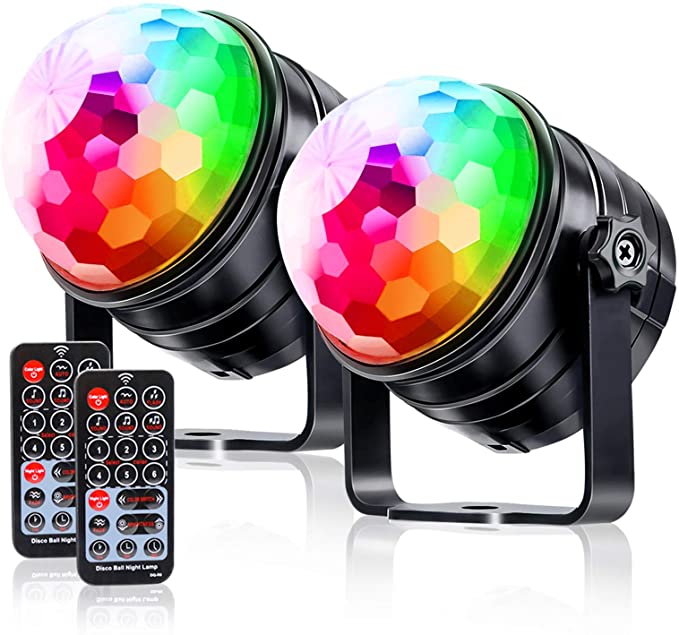 LKESBO Disco Ball Light Sound Activated Party Lights Birthday 2 Pack 7 Color Strobe Light with Remote Control Lamp Portable DJ Light Halloween Party Lighting for Home Car Wedding