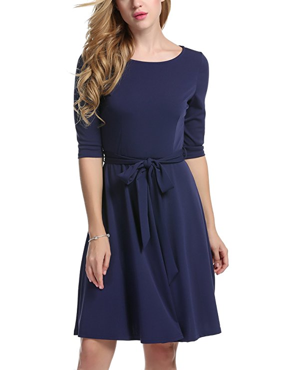 Meaneor Womans 3/4 Sleeve Casual Swing And Cocktail dress w/ Belt