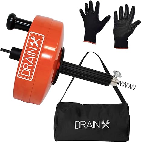 DrainX Power Pro 25-FT Steel Drum Auger Plumbing Snake with Drill Attachment | Use Manually or Powered | Heavy Duty Drain Cleaning Cable with Work Gloves and Storage Bag Included