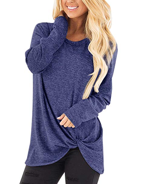 Meshieyla Women's Long Sleeve Casual Blouse Shirts Knot Tie Knot Front Loose Tunic O Neck Tops