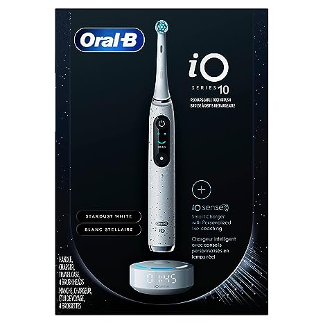 Oral-B iO Series 10 Rechargeable Electric Powered Toothbrush with iO Sense Charger and 4 Replacement Brush Heads, White