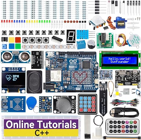 SunFounder Elite Explorer Kit with Original Arduino Uno R4 WiFi, Bluetooth IoT ESP32 IIC LCD1602 OLED Servo Relay MPU6050 Stepper Motor, Starter Kit, Online Tutorials, Suitable for Age 8  Beginners