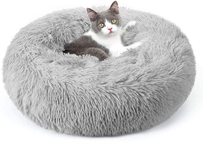 rabbitgoo Cat Bed for Indoor Cats, Soft Plush Donut Cuddler Cushion Pet Bed, Fluffy Round Bed for Improved Sleep, Self Warming Calming Bed for Small Dogs Kittens, Non-Slip, Machine Washable, Light Gray