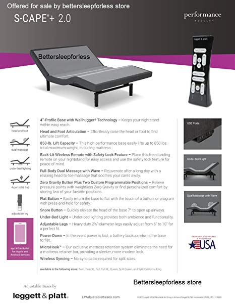 Leggett and Platt S Cape  Plus 2.0 Adjustable Bed Base! Free White Glove Delivery! Includes Extended 10 year inhome Warranty! 25 year Total warranty! (Split King (76x80))