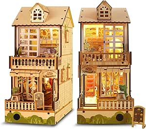 GXUANAN DIY Book Nook Kit, Miniature Dollhouse Booknook Kit, 3D Wooden Puzzle Kit Bookshelf Insert Decor with LED Light, Suitable for Teens and Adults （Coffee House Style, L0314P