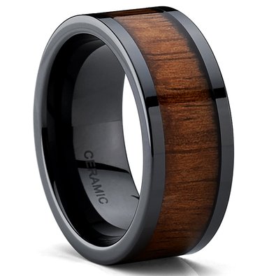 Black Ceramic Flat Top Wedding Band Ring with Real Koa Wood Inlay, 9MM Comfort Fit