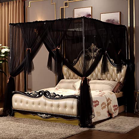 Nattey 4 Corners Post Canopy Bed Curtain Queen Size - Black Elegant Mosquito Net - Canopy Bed Cover Bedroom Decoration