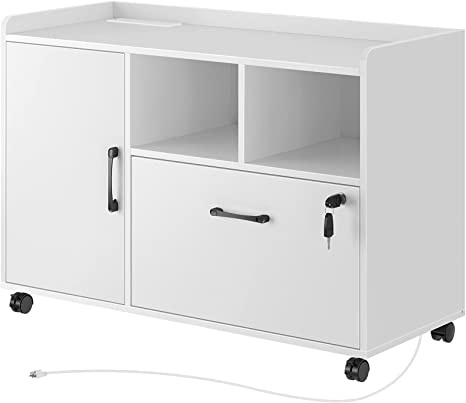 Rolanstar File Cabinet with Charging Station, Mobile Lateral Filing Cabinet with Locking Drawer, Printer Stand with Open Storage Shelf with Wheels, for Letter/Legal / A4 Size Files, White